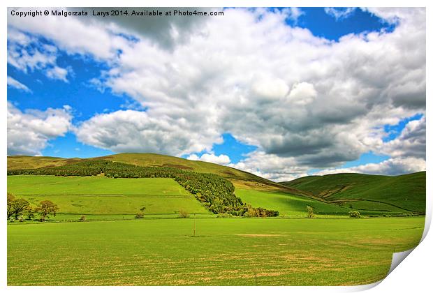 Scottish Spring landscape with hills and white clo Print by Malgorzata Larys