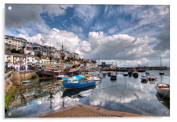 Clouds and reflections over Brixham Harbour Acrylic by Rosie Spooner