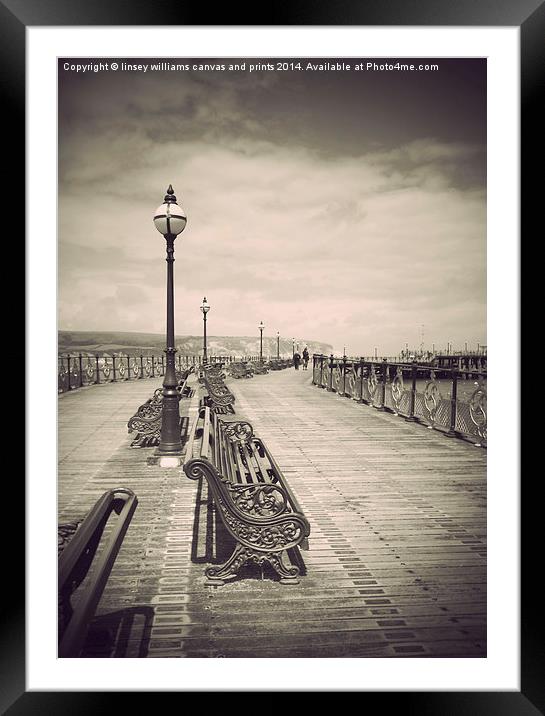 Swanage Pier Black and White Antiqued Framed Mounted Print by Linsey Williams