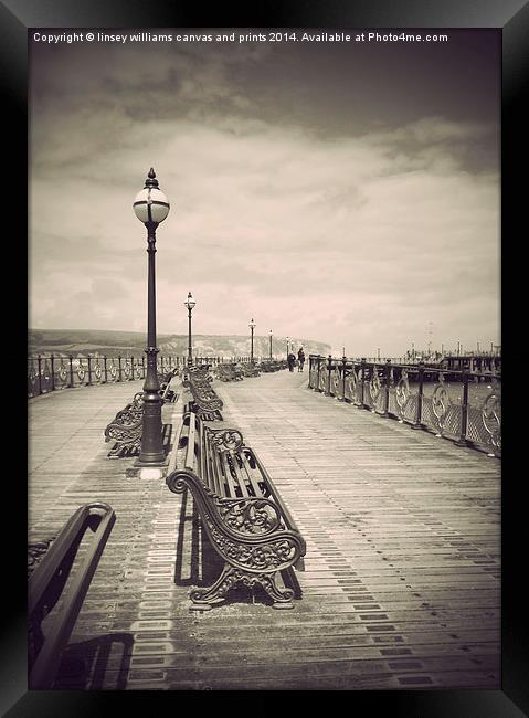 Swanage Pier Black and White Antiqued Framed Print by Linsey Williams