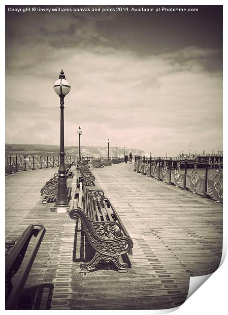 Swanage Pier Black and White Antiqued Print by Linsey Williams