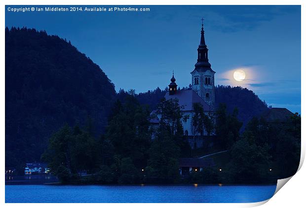 Supermoon over bled Island Church Print by Ian Middleton