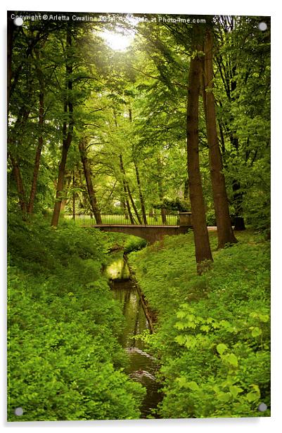 Green spring trees and bridge Acrylic by Arletta Cwalina