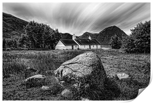 Majestic Blackrock Cottage and Glencoe Mountains Print by Les McLuckie