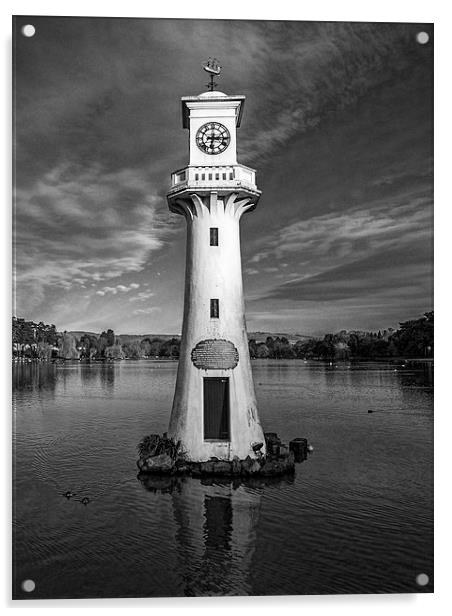 Roath Park Lighthouse Mono Acrylic by Steve Purnell