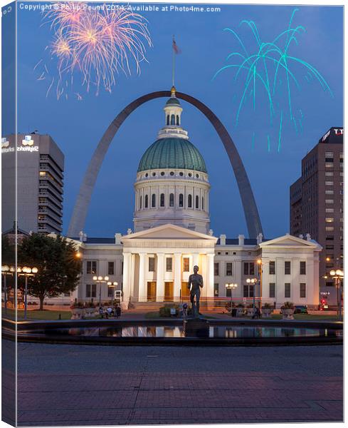  Fireworks at the Gateway to the West Arch monumen Canvas Print by Philip Pound