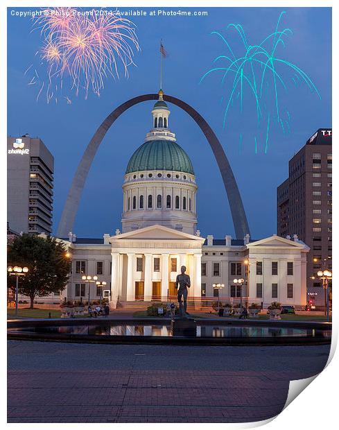  Fireworks at the Gateway to the West Arch monumen Print by Philip Pound