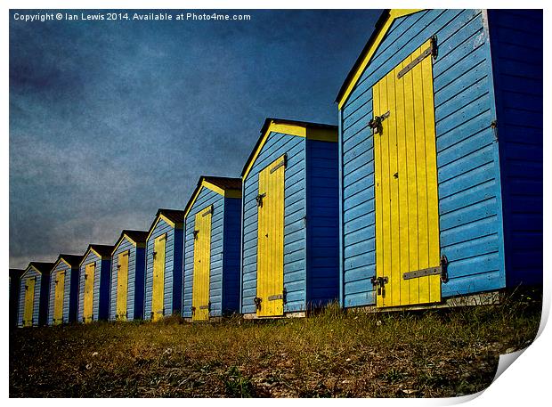 Blue and Yellow Beach Huts Print by Ian Lewis