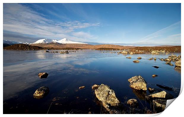 Snow capped mountains on Rannoch Moor Print by Stephen Taylor
