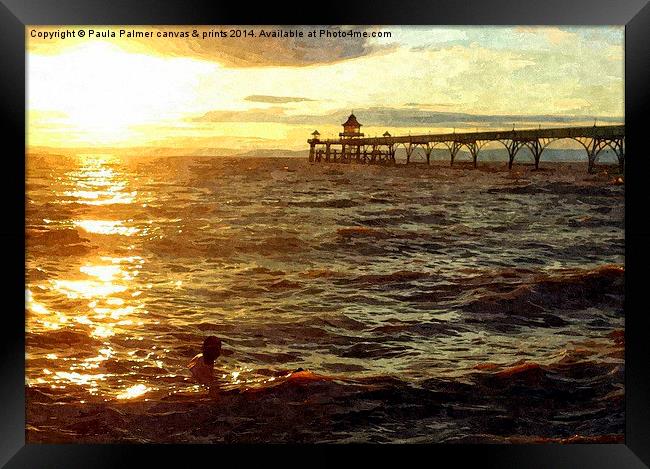  Sunset swim off Clevedon Pier,Somerset Framed Print by Paula Palmer canvas