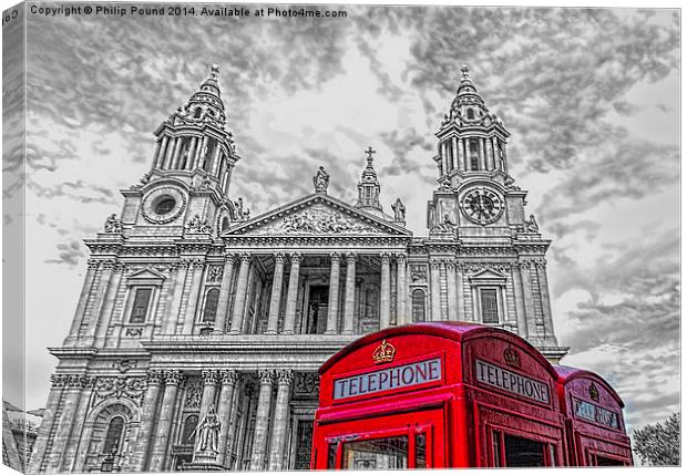 Red Phone Boxes with Monochrome St Paul's Cathedra Canvas Print by Philip Pound