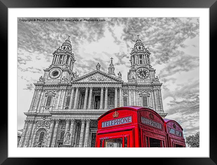Red Phone Boxes with Monochrome St Paul's Cathedra Framed Mounted Print by Philip Pound