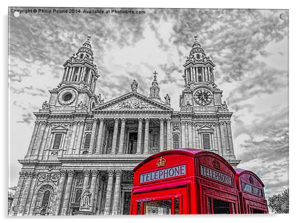 Red Phone Boxes with Monochrome St Paul's Cathedra Acrylic by Philip Pound
