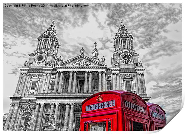 Red Phone Boxes with Monochrome St Paul's Cathedra Print by Philip Pound