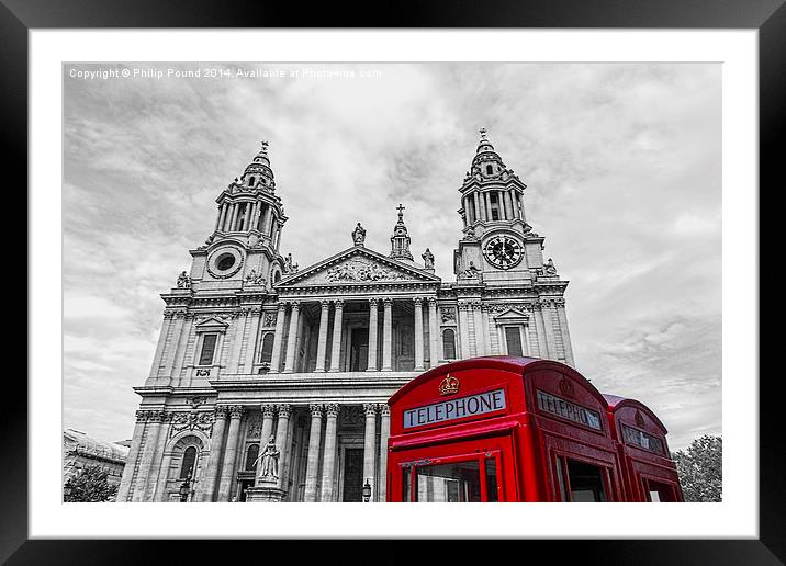  Red Phone boxes in front of black and white St Pa Framed Mounted Print by Philip Pound