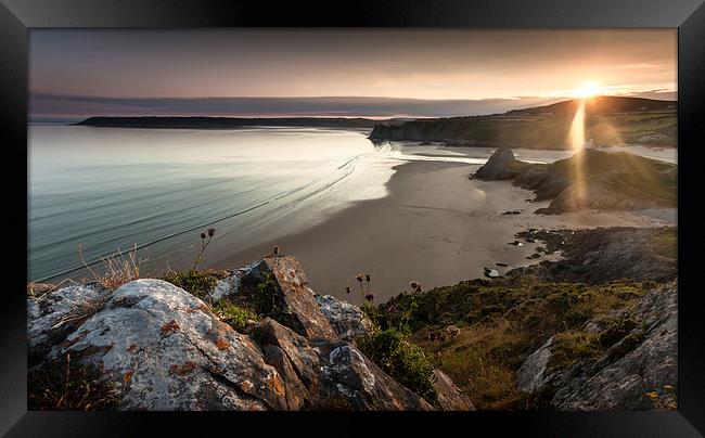  Sunset at Three Cliffs Bay Swansea Framed Print by Leighton Collins