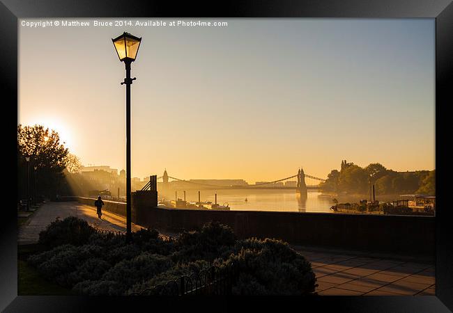  Early morning: Hammersmith Bridge, lone cyclist Framed Print by Matthew Bruce