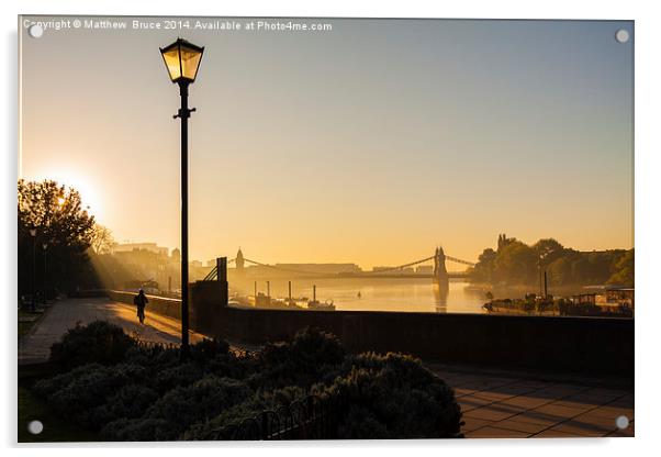  Early morning: Hammersmith Bridge, lone cyclist Acrylic by Matthew Bruce