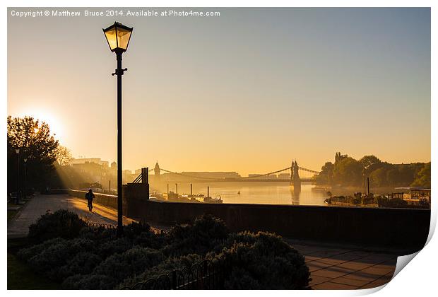  Early morning: Hammersmith Bridge, lone cyclist Print by Matthew Bruce