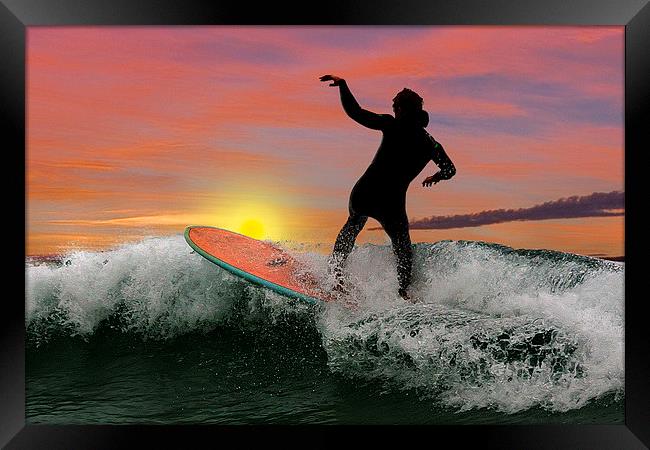  Surfing silhouette Framed Print by Rob Lester