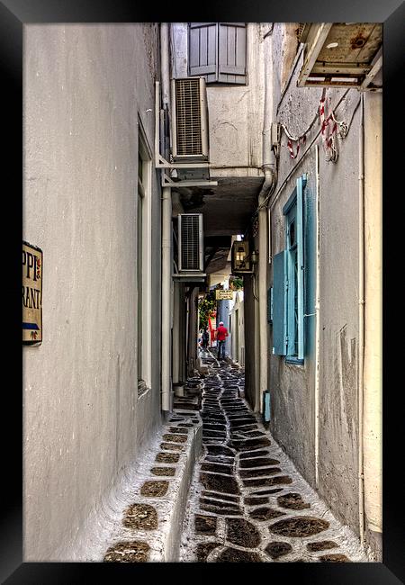 Narrow Lane in Mykonos Framed Print by Tom Gomez