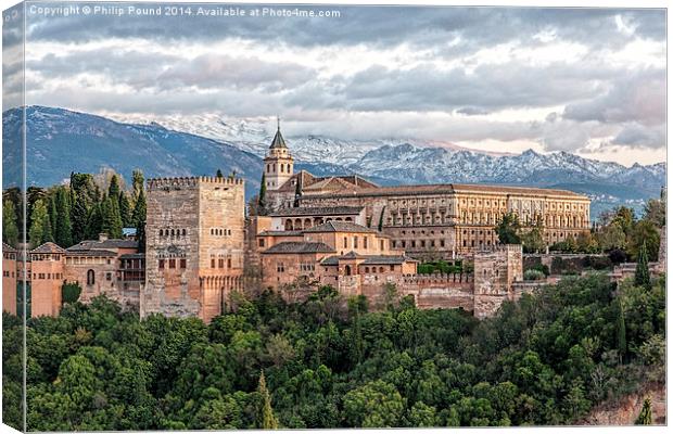  Sun sets on the Alhambra Palace in Granada Canvas Print by Philip Pound