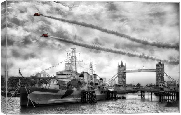 Red Arrows London Tower Bridge Flyby Canvas Print by Jason Green