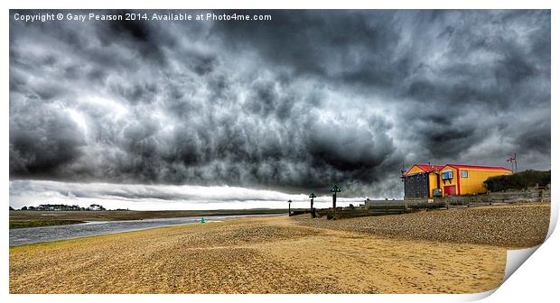 Menacing sky over the Lifeboat station at Wells ne Print by Gary Pearson