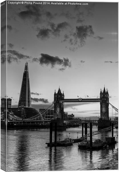  London's Tower Bridge and Shard - a black and whi Canvas Print by Philip Pound
