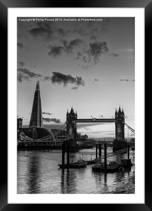  London's Tower Bridge and Shard - a black and whi Framed Mounted Print by Philip Pound