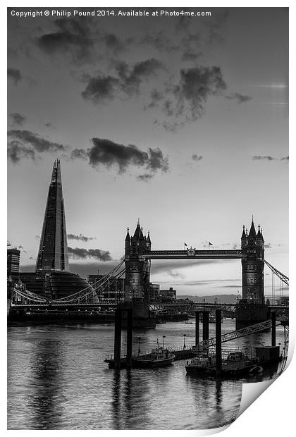  London's Tower Bridge and Shard - a black and whi Print by Philip Pound