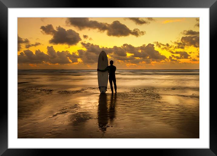 Perranporth beach with Lone surfer at sunset Framed Mounted Print by Oxon Images