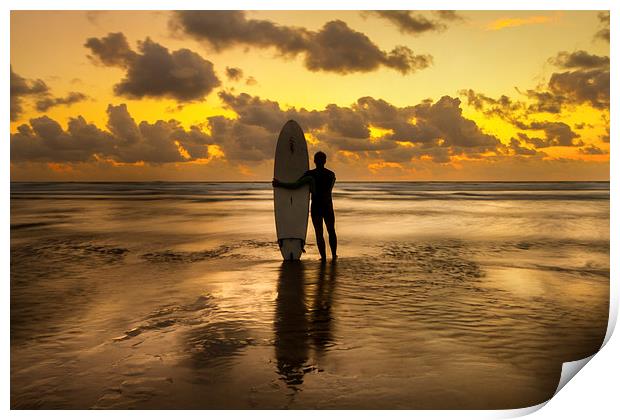 Perranporth beach with Lone surfer at sunset Print by Oxon Images