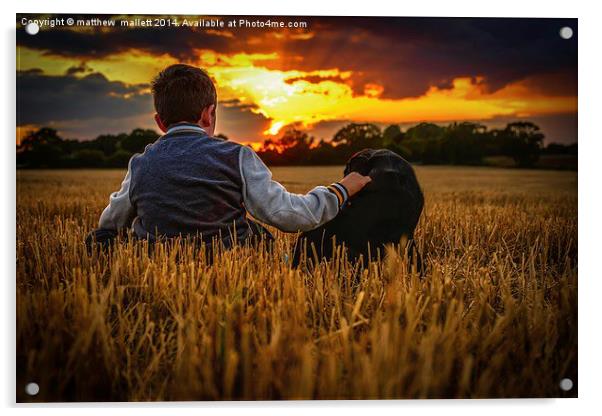  Boy and dog watching sunset Acrylic by matthew  mallett