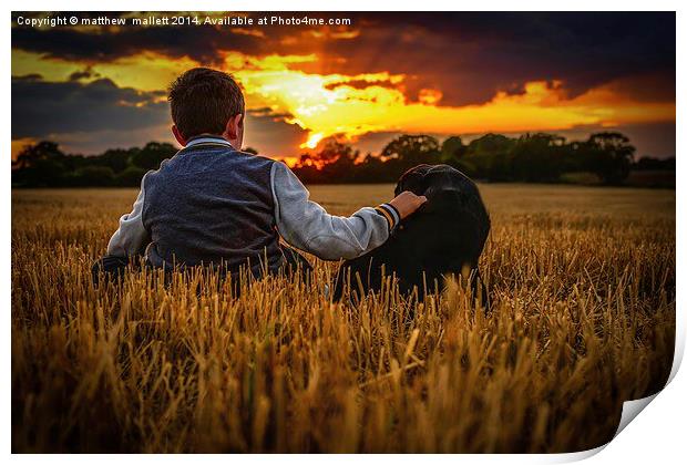  Boy and dog watching sunset Print by matthew  mallett