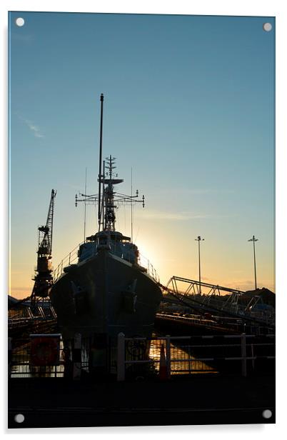 Setting sun Behind HMS Cavalier  Acrylic by Mike Gwilliams