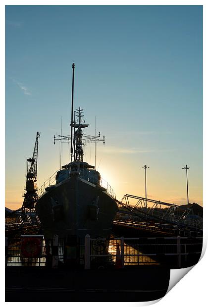 Setting sun Behind HMS Cavalier  Print by Mike Gwilliams