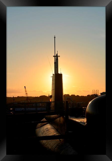  Setting sun behind HMS HMS Ocelot  Framed Print by Mike Gwilliams