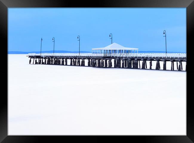 Blue and White Pier Framed Print by Peta Thames