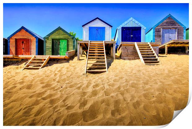 Vibrant Haven: Abersoch Beach Huts Print by Mike Shields