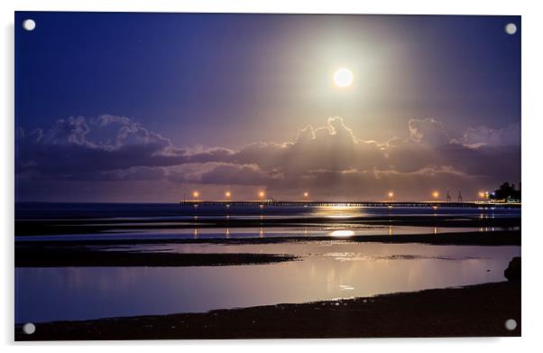 Full Moon Rising over Sandgate Pier Acrylic by Peta Thames