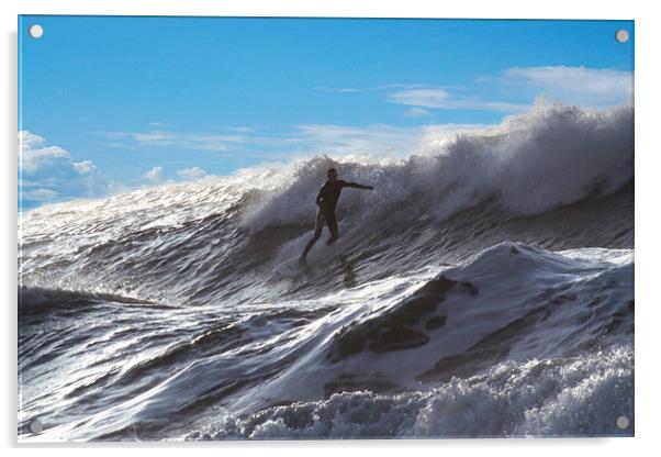 Surfing at Langland Bay.  Acrylic by Tony Dimech
