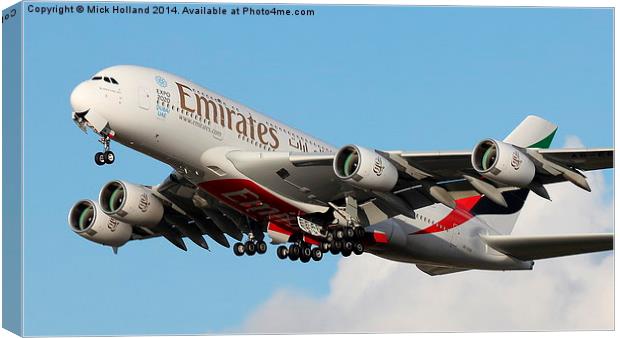  Emirates Airbus A380 Canvas Print by Mick Holland