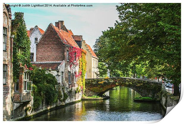 A Little Gem on a Bruges Canal Print by Judith Lightfoot