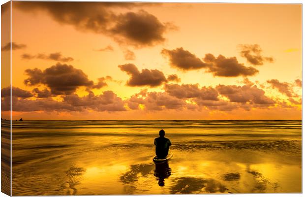 Perranporth Sunset with surfer Canvas Print by Oxon Images