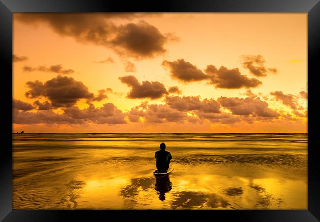 Perranporth Sunset with surfer Framed Print by Oxon Images