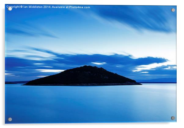 Veli Osir Island at dawn, Losinj Island, Croatia. Acrylic by Ian Middleton