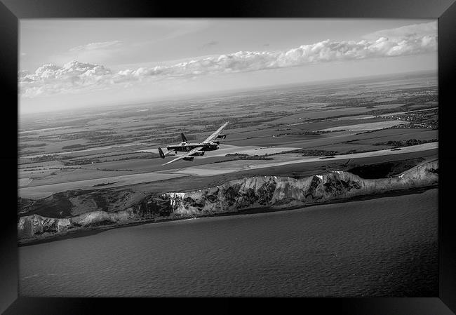 Lancaster over the white cliffs in Kent black and  Framed Print by Gary Eason