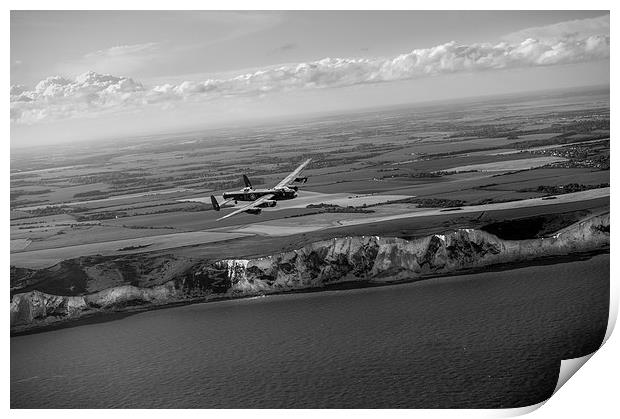 Lancaster over the white cliffs in Kent black and  Print by Gary Eason