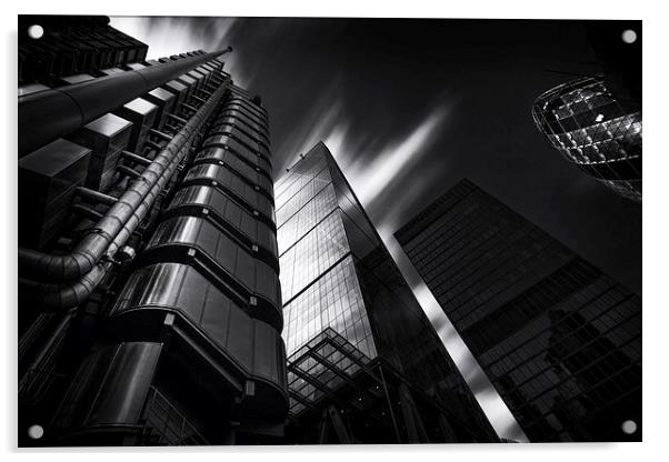  The lloyds Building & Gherkin London.  Acrylic by Ian Hufton